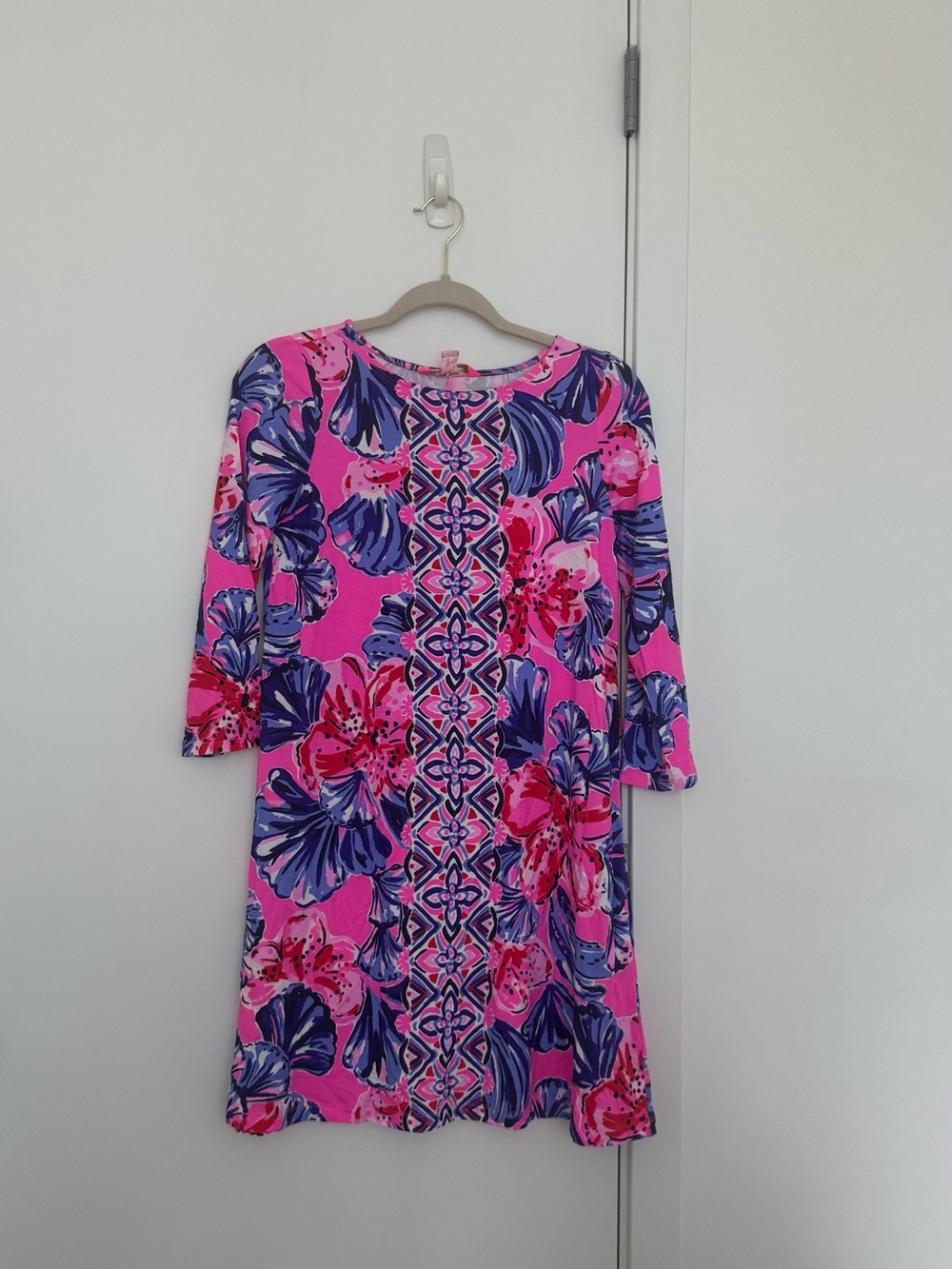Lilly Pulitzer Hot Pink Floral Shift Dress with Blue Accents